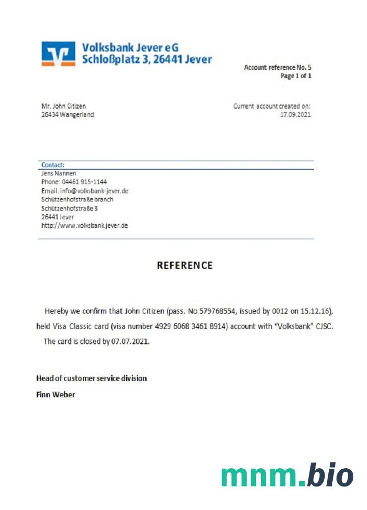 Niemcy Volksbank zamknięcie przykład odniesienia w formatach Word i PDF